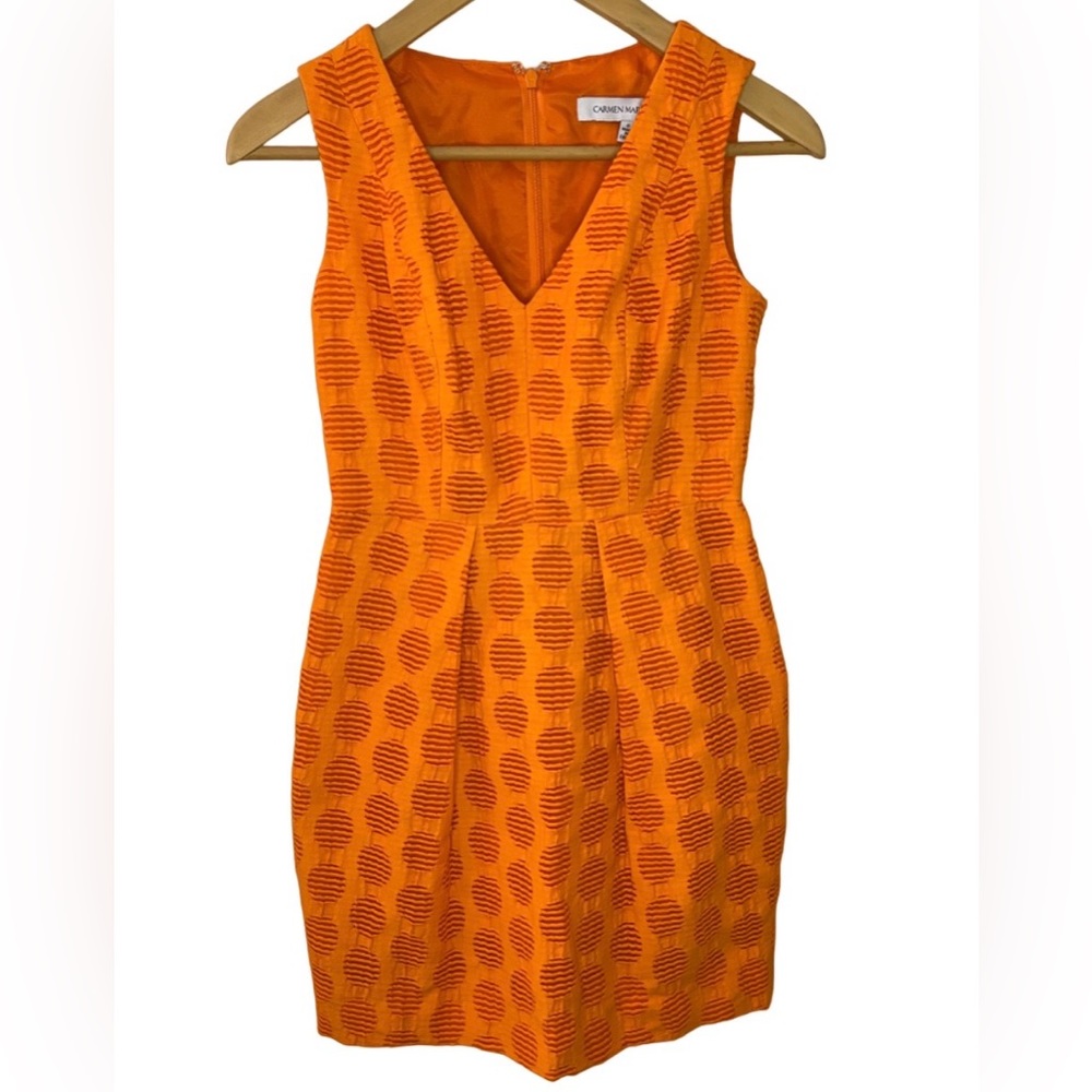 Carmen Marc Valvo Dress Women's Orange Cotton Sleeveless Pleated Luxury Size 2